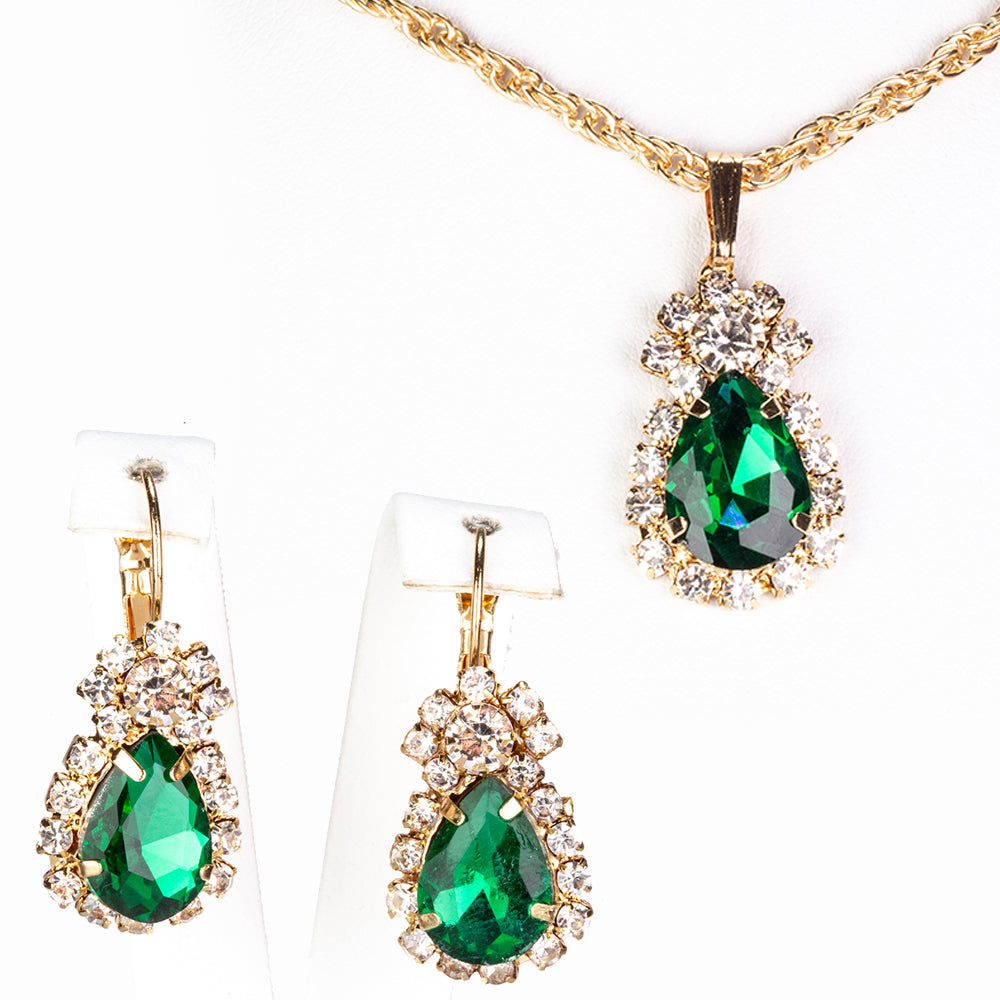 Conjunto de Aleación Bañado en Oro con Cristal Emporia® Verde ( Collar +Pendientes +Colgante ) 2 