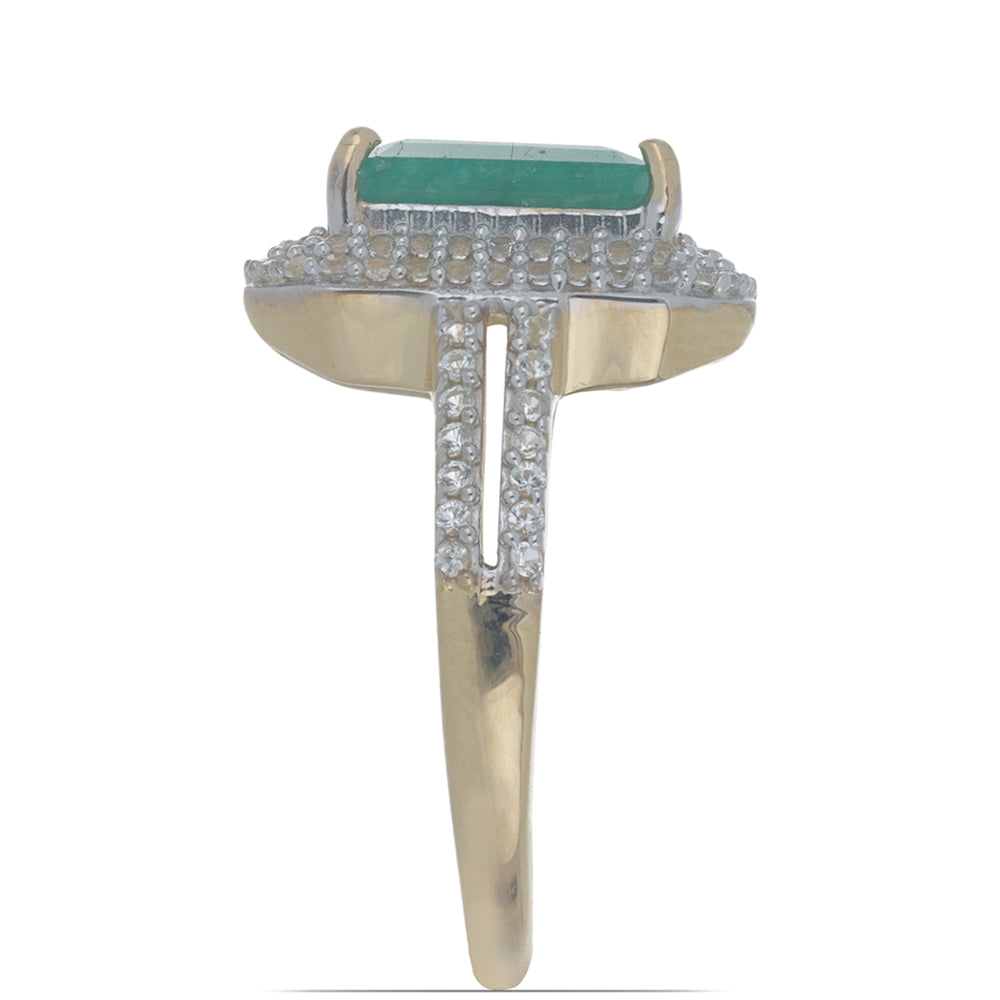 Anillo de Plata Bañada en Oro con Esmeralda de Brasil y Topacio Blanco
