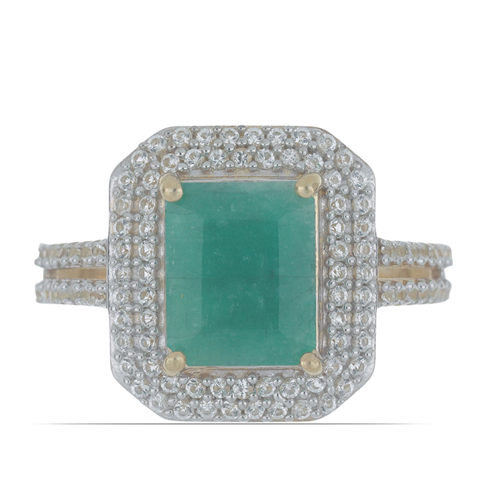 Anillo de Plata Bañada en Oro con Esmeralda de Brasil y Topacio Blanco 1 
