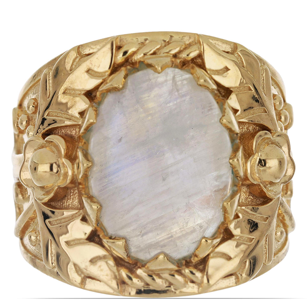 Anillo de Plata Bañada en Oro con Piedra Lunar Arco Iris del Condado de Grant