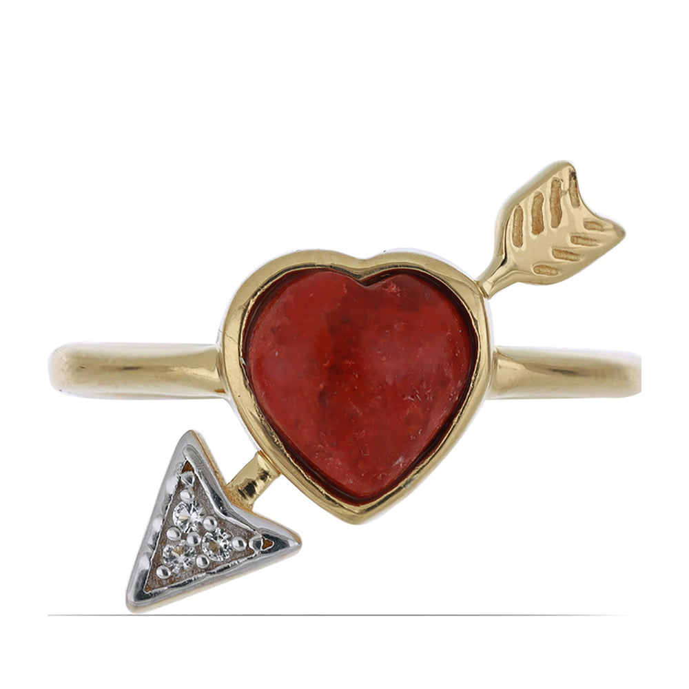 Anillo de Plata Bañada en Oro con Coral de Esponja Roja y Topacio Blanco