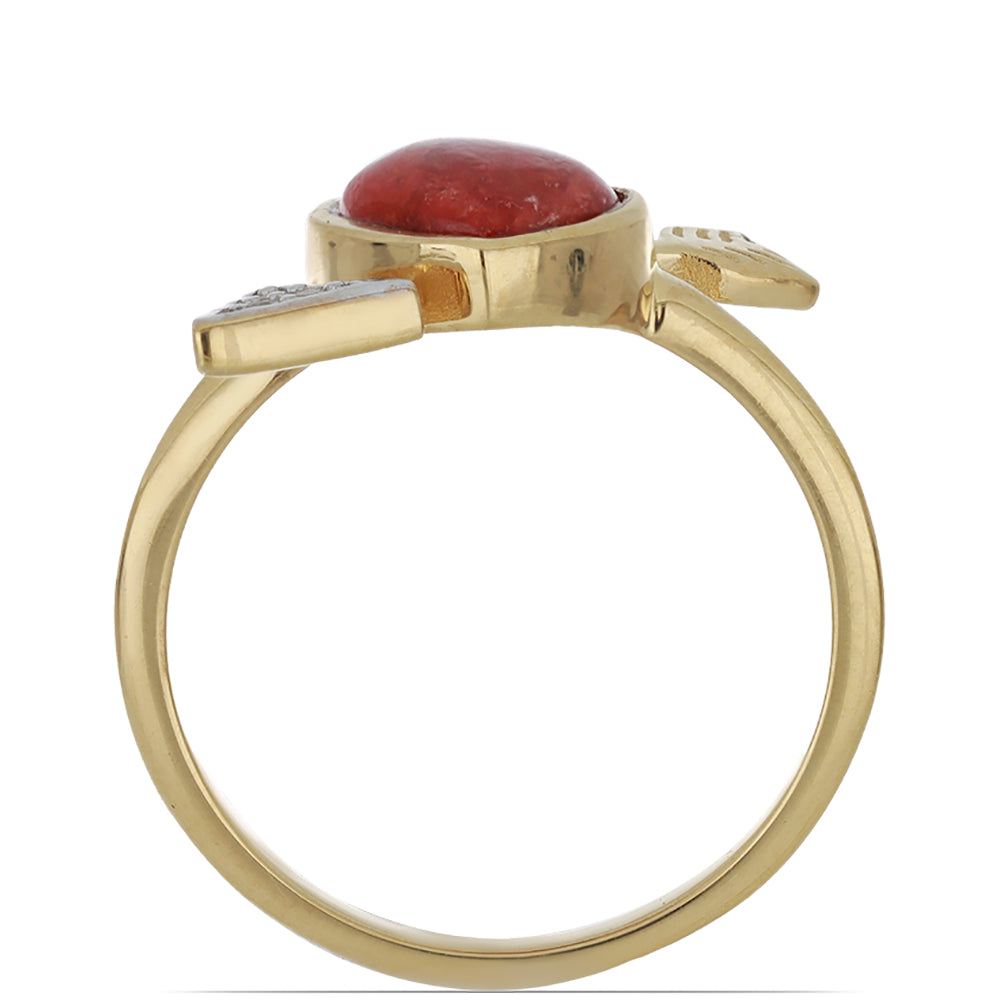 Anillo de Plata Bañada en Oro con Coral de Esponja Roja y Topacio Blanco