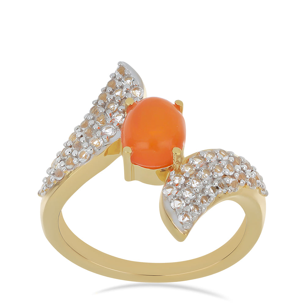Anillo de Plata Bañada en Oro con Ópalo Naranja de Lega Dembi y Topacio Blanco 3 