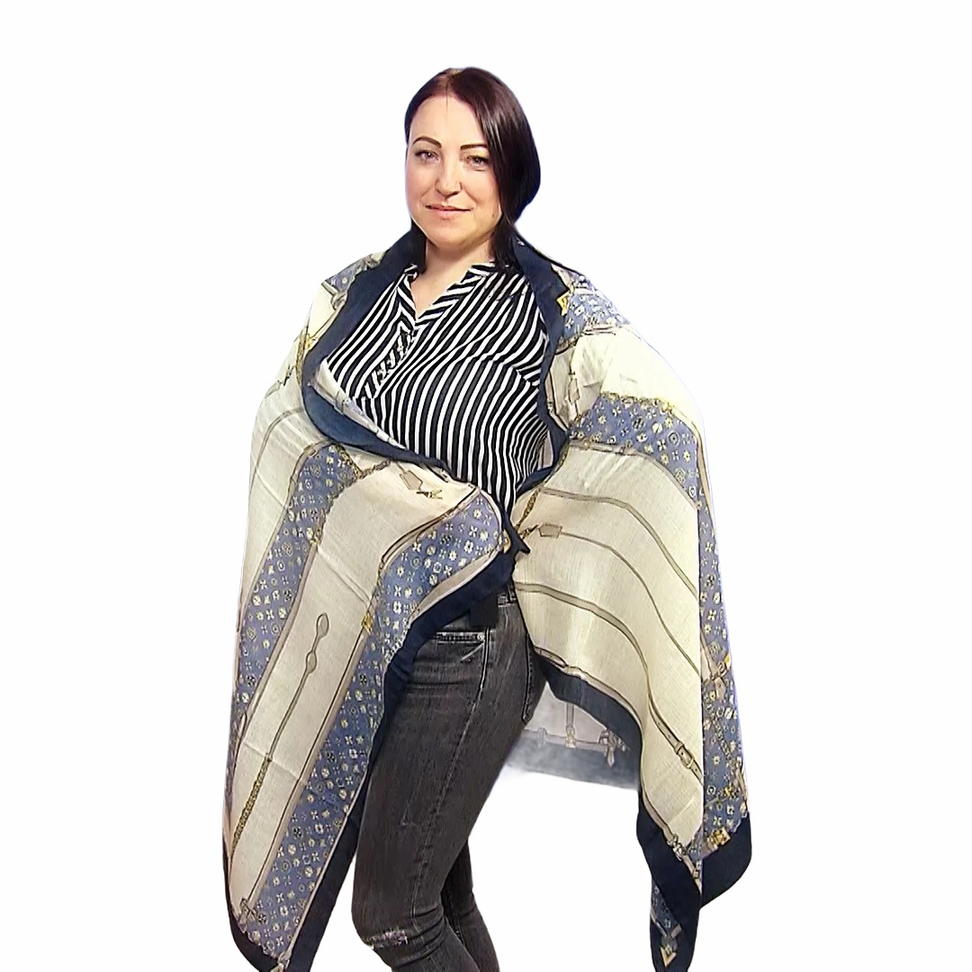 Bufanda-chal de algodón, 85 cm x 180 cm, estampado de hebilla de cinturón de moda, azul 1 