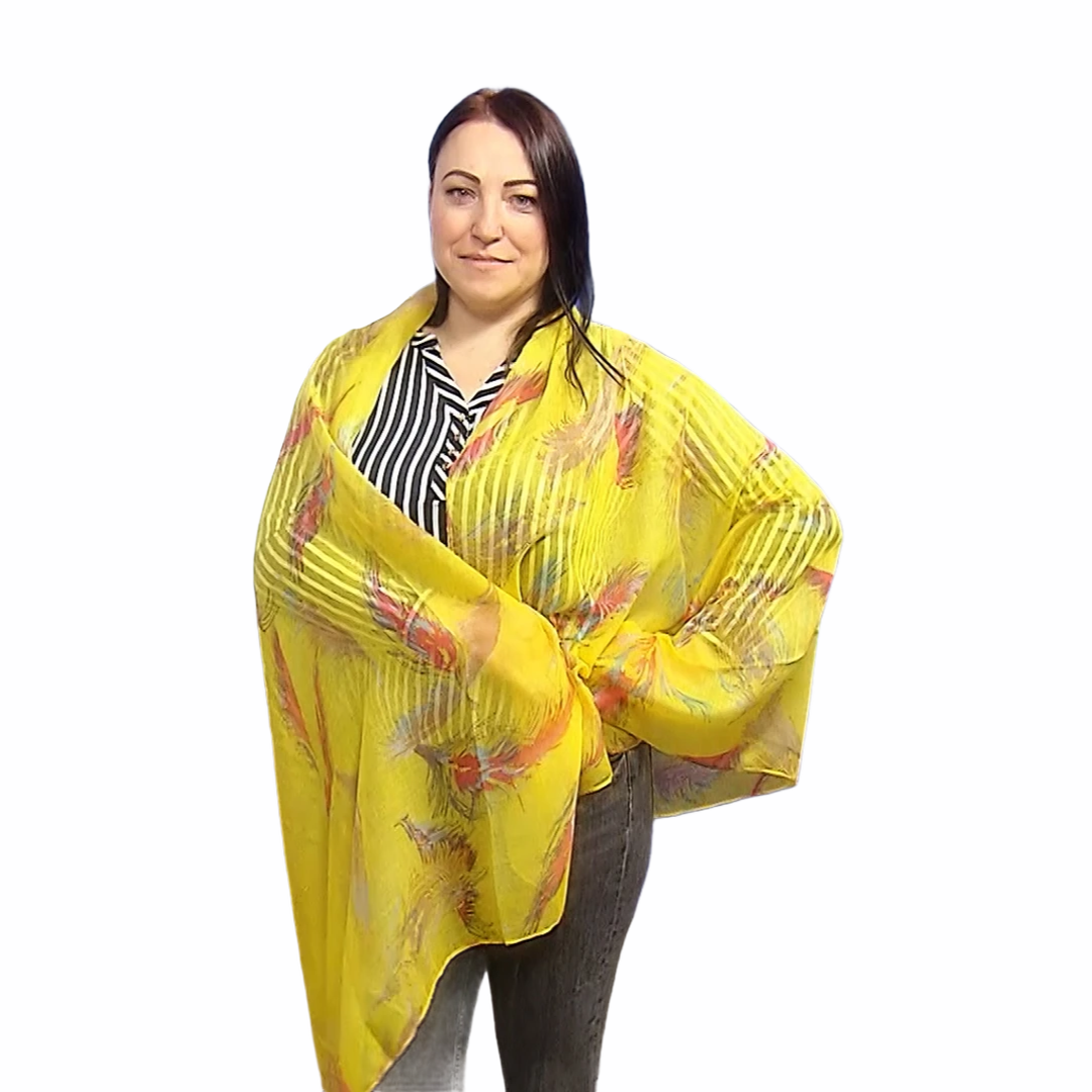 Bufanda-chal amarillo con estampado de plumas flotantes, 90 cm x 180 cm 1 